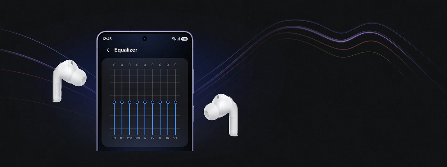 A Galaxy smartphone with the 'Equalizer' settings on, with the screen showing multiple toggles in between a pair of white, Galaxy Buds4 Pro.