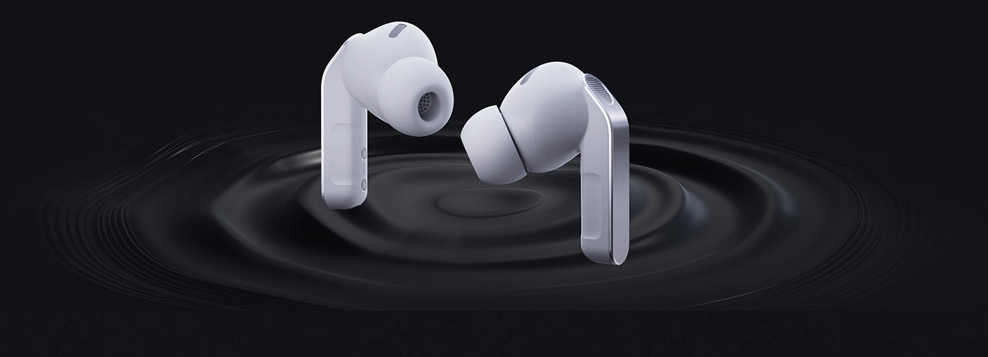 Galaxy Buds4 Pro woofer appears in close-up, the size of the bezel being reduced as it turns. The tweeter and other parts appear in turn. The completed earbud twists and is placed next to the left earbud.