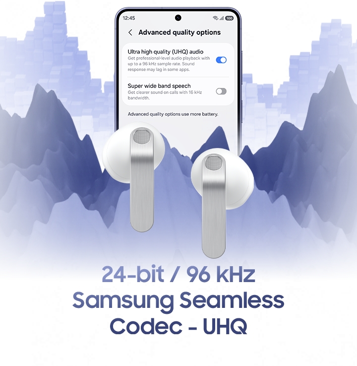 Galaxy smartphone with the 'Advanced quality options' screen open. On the screen, 'Ultra high quality (UHQ) audio' is turned on and the 'Super wide band speech' is turned off. In front of the screen is a pair of white, Galaxy Buds4.