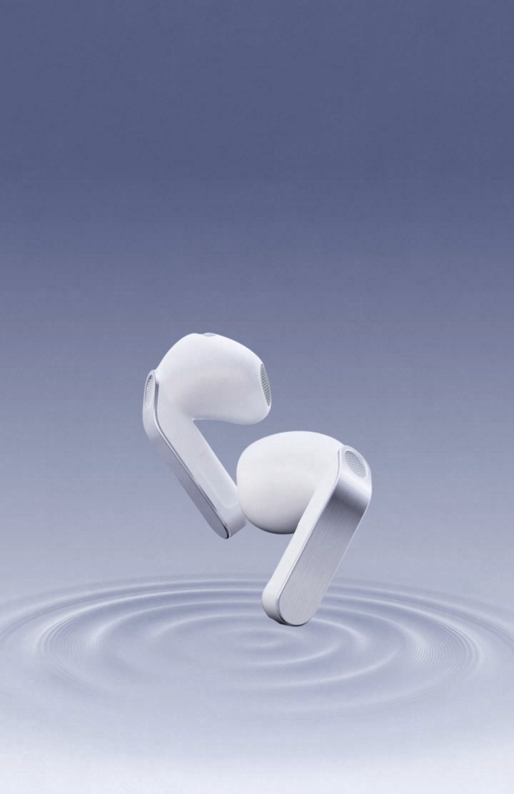 Components of Galaxy Buds4, including the woofer, appear in turn. The components assemble into an earbud. The completed earbud twists and is placed next to the left earbud.
