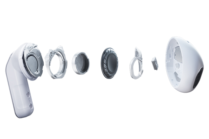 A single Galaxy Buds4 earbud in an exploded view, showing the separate parts of the earbud, including the woofer.