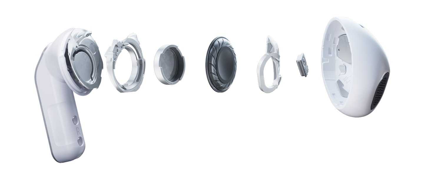 A single Galaxy Buds4 earbud in an exploded view, showing the separate parts of the earbud, including the woofer.