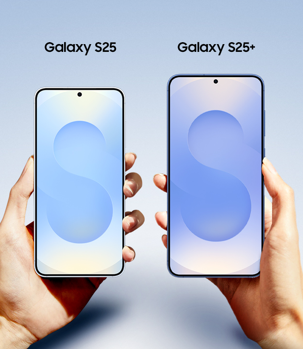Galaxy S25 in Icyblue and the larger Galaxy S25 plus in Navy are both being held and seen from the main screen.