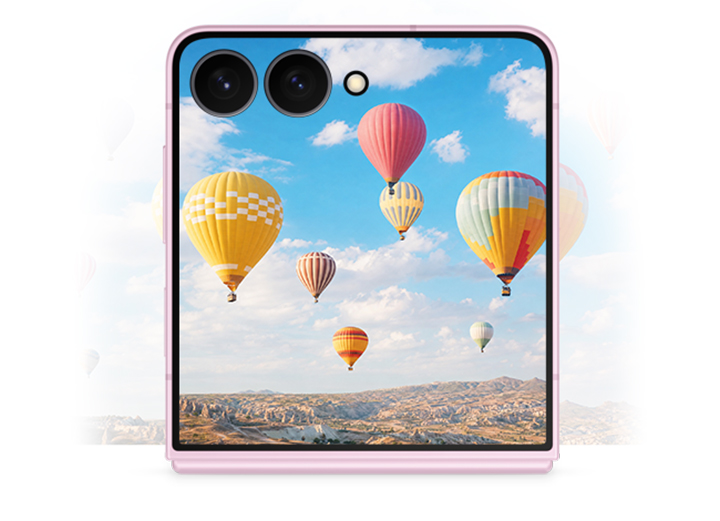 Galaxy Z Flip8 is seen from the cover screen showing a bright display.
