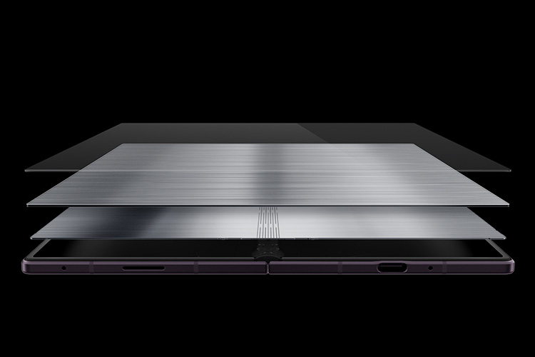 Unfolded Galaxy Z Fold8 Ultra is seen from a bottom view. Two titanium layers are seen between the device and the screen.