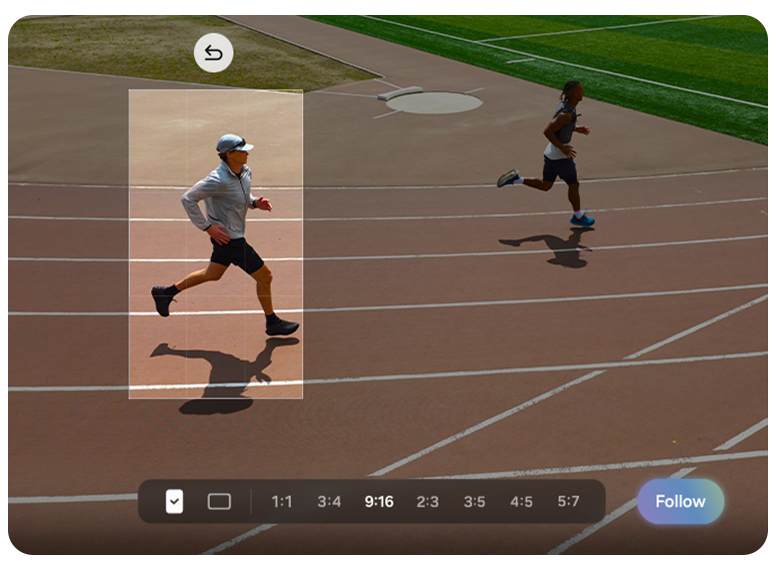 A video of people running on a track has been shot. My FanCam's subject-centered tracking shots frame one person running. The interface is dimmed except for where the person is selected. The interface includes aspect ratios to choose for cropping: 1 by 1, 3 by 4, 9 by 16, 2 by 3, 3 by 5, 4 by 5 and 5 by 7. 