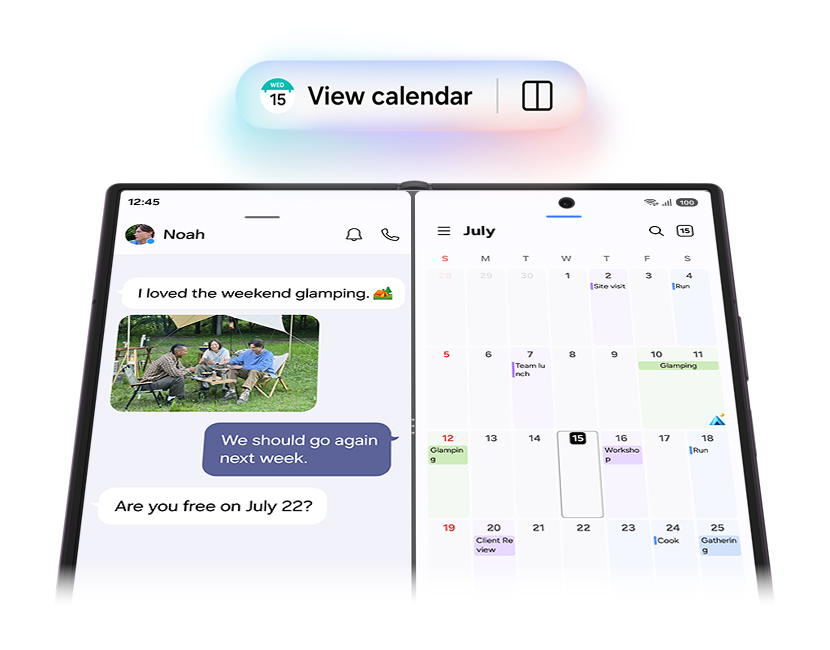 A Now Nudge prompt says 'View calendar'. There is a split view icon in the prompt. The prompt sits above Galaxy Z Fold8 Ultra seen from the Main Screen in split view mode. One side shows the Messages app and the other side has the Calendar app.