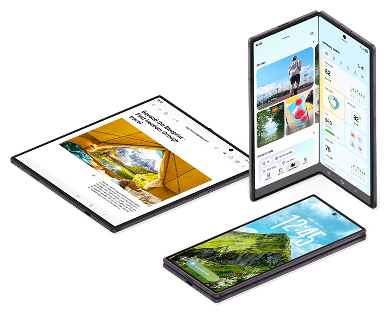 Three Galaxy Z Fold8 Ultra devices are arranged. One is unfolded with an online article on the main screen. One is half unfolded to show a split view. On one side is the Gallery app and Samsung Health is on the other. Last, a folded device is seen with a scenic photo and Clock Widget on the cover screen.