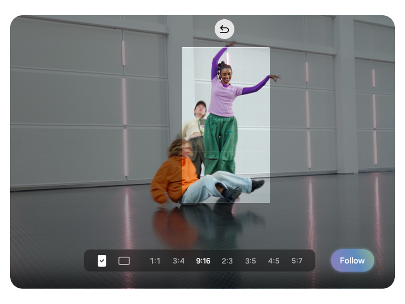 A video is being edited. My FanCam's subject-centered tracking shots frame one person dancing. The interface is dimmed except for where the person is selected. The interface includes aspect ratios to choose for cropping: 1 by 1, 3 by 4, 9 by 16, 2 by 3, 3 by 5, 4 by 5 and 5 by 7.