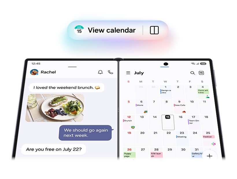 A Now Nudge prompt says 'View calendar'. There is a split view icon in the prompt. The prompt sits above Galaxy Z Fold8 seen from the Main Screen in split view mode. One side shows the Messages app and the other side has the Calendar app.