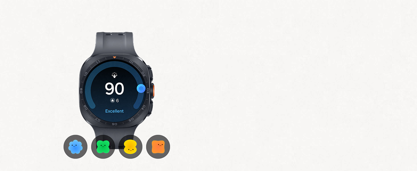 Galaxy Watch Ultra2 in Titanium Gray with a Marine Band in Black shown facing foward with an Excellent Energy Score of 90 and 6 points up from the day before shown on the display and four character icons underneath, signifying various levels of Energy Scores.