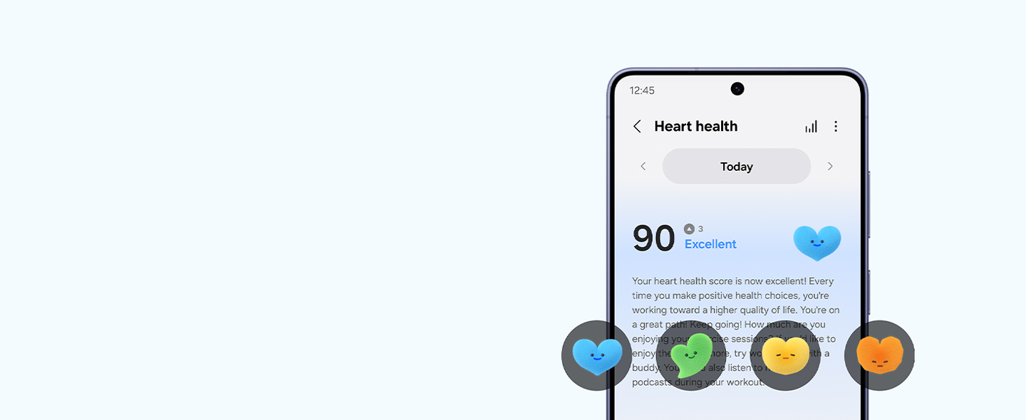 A screen of Galaxy S26 displaying the details of today's heart health with an Excellent score of 90. Four different heart icons in bubbles each representing a different grade of Heart Health Score.