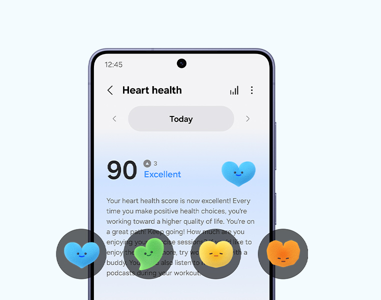 A screen of Galaxy S26 displaying the details of today's heart health with an Excellent score of 90. Four different heart icons in bubbles each representing a different grade of Heart Health Score.