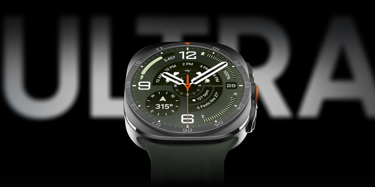 Galaxy Watch Ultra2 in Titanium Silver with a Marine Band in Olive shown up close, facing front and angled slightly upward, highlighting the overall bold, premium watch design. The word ULTRA appears in large text in the background.
