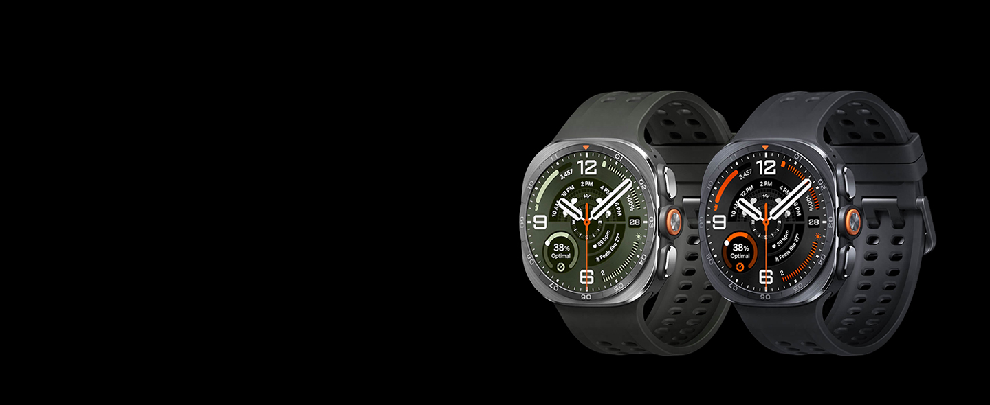 Titanium Silver - 
         Galaxy Watch Ultra2 in Titanium Silver with a Marine Band in Olive shown facing slightly left, showcasing the overall design of the watch and band in detail. Titanium Gray - Galaxy Watch Ultra2 in Titanium Gray with a Marine Band in Black shown facing slightly left, showcasing the overall design of the watch and band in detail.