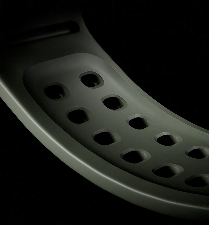 Close-up view of a Marine Band for Galaxy Watch Ultra2 in Olive, showcasing the Air Pocket design on the inner surface of the band made for breathable comfort and easy moisture draining.