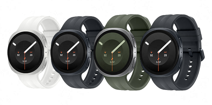 Galaxy Watch9 40 mm model in Cream with a Sport Band in Cream shown angled slightly to the left with the band fastened, Galaxy Watch9 40 mm model in Graphite with a Sport Band in Black shown angled slightly to the left with the band fastened, Galaxy Watch9 40 mm model in Graphite with a Sport Band in Black shown angled slightly to the left with the band fastened, Galaxy Watch9 44 mm model in Silver with a Sport Band in Olive shown angled slightly to the left with the band fastened, Galaxy Watch9 44 mm model in Graphite with a Sport Band in Black shown angled slightly to the left with the band fastened.