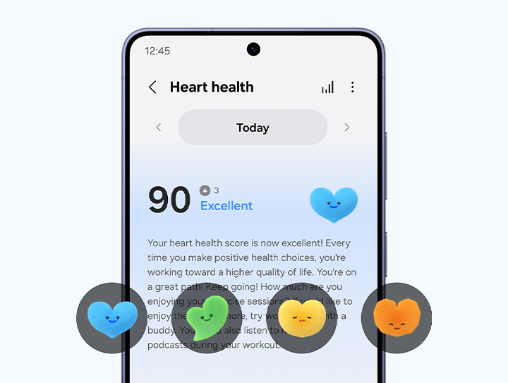 An Excellent Heart Health Score of 90 from Galaxy Watch9 shown on the screen of Galaxy S26 with an explanation of the score. A total of 4 colored icons representing various degrees of Heart Health Score shown.