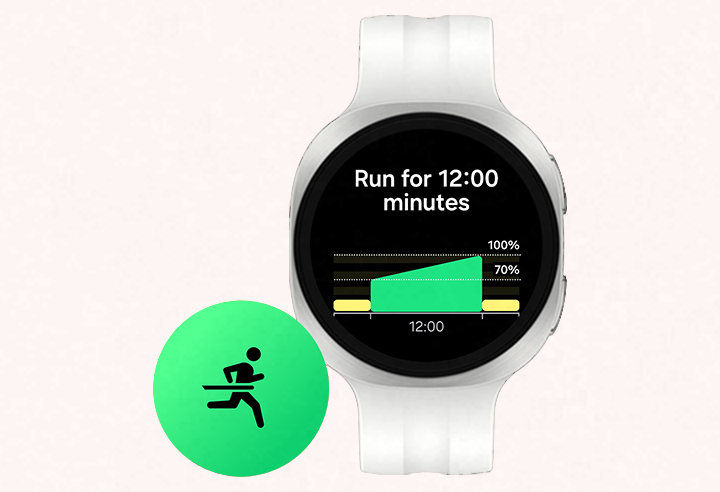 Running Coach program on Galaxy Watch9 in Cream with a Sport Band in Cream. Text Run for 12:00 minutes and related graph below. Next to Galaxy Watch9 is Running exercise icon.