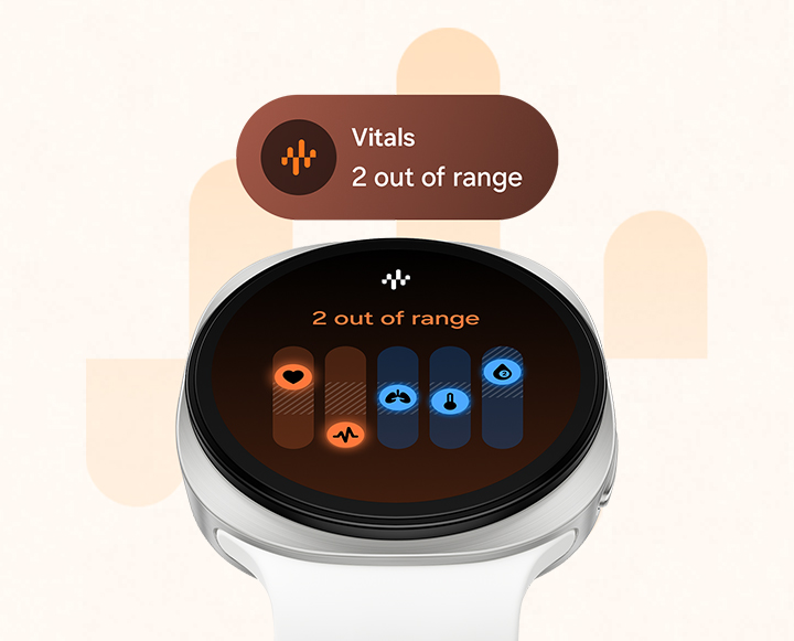 Galaxy Watch9 in Cream with a Sport Band in Cream facing slightly upward with the vital signs tracking interface shown on the display with text Vitals 2 out of range. Above is Vitals tile with text 2 out of range.