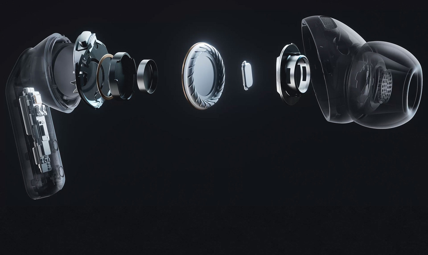 A single Galaxy Buds4 Pro earbud in an exploded view, showing the audio system within, including the wider woofer and the tweeter of the 2-way Speaker.