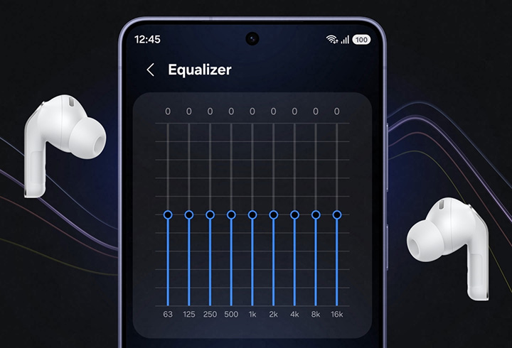 A Galaxy smartphone with the 'Equalizer' settings on, with the screen showing multiple toggles in between a pair of white, Galaxy Buds4 Pro.