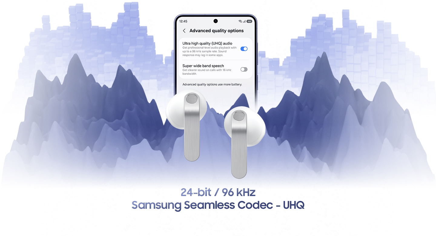 Galaxy smartphone with the 'Advanced quality options' screen open. On the screen, 'Ultra high quality (UHQ) audio' is turned on and the 'Super wide band speech' is turned off. In front of the screen is a pair of white, Galaxy Buds4.