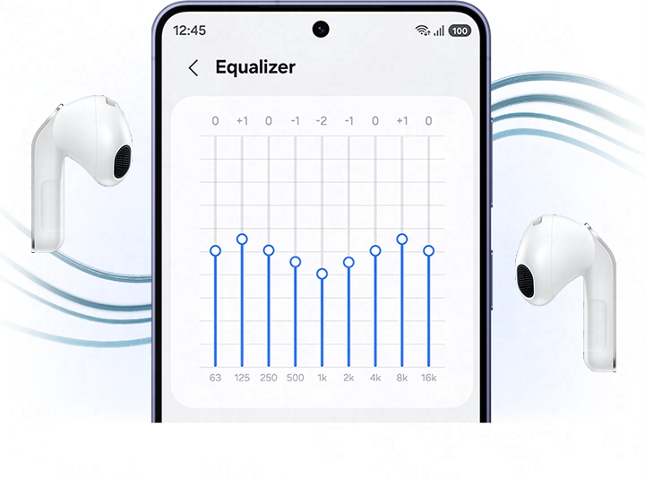 A Galaxy smartphone with the 'Equalizer' settings on, with the screen showing multiple toggles in between a pair of white, Galaxy Buds4.
