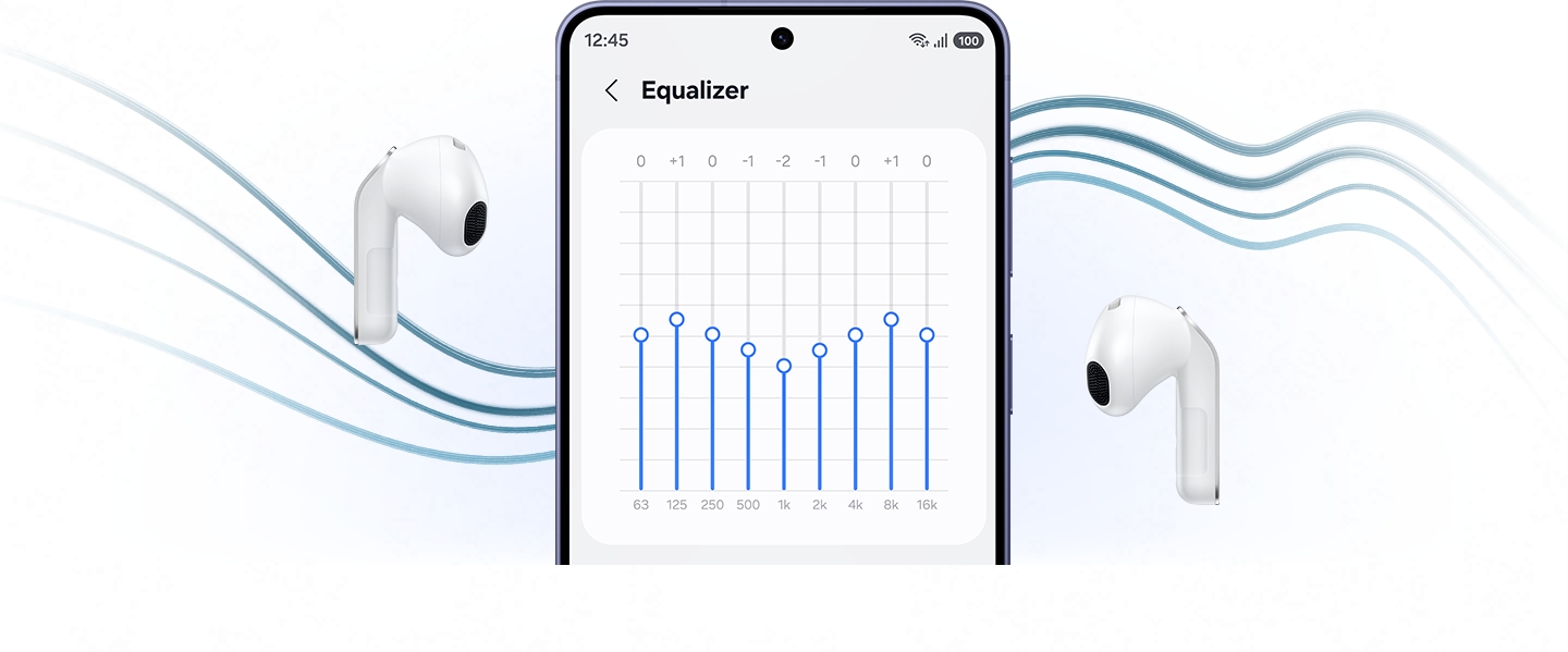 A Galaxy smartphone with the 'Equalizer' settings on, with the screen showing multiple toggles in between a pair of white, Galaxy Buds4.