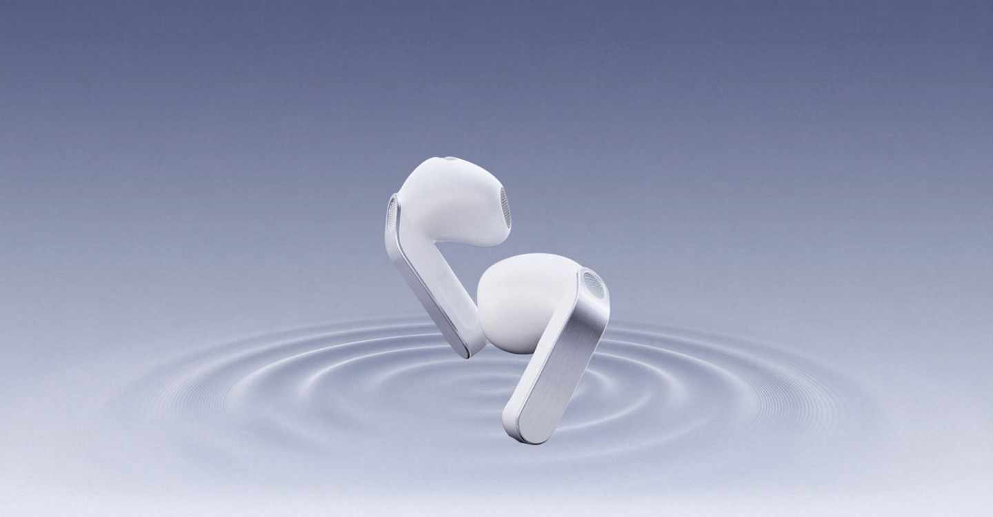 Components of Galaxy Buds4, including the woofer, appear in turn. The components assemble into an earbud. The completed earbud twists and is placed next to the left earbud.
