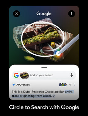 S Pen circles around some Dubai chocolate. Google search bar is seen underneath with AI Overview results.