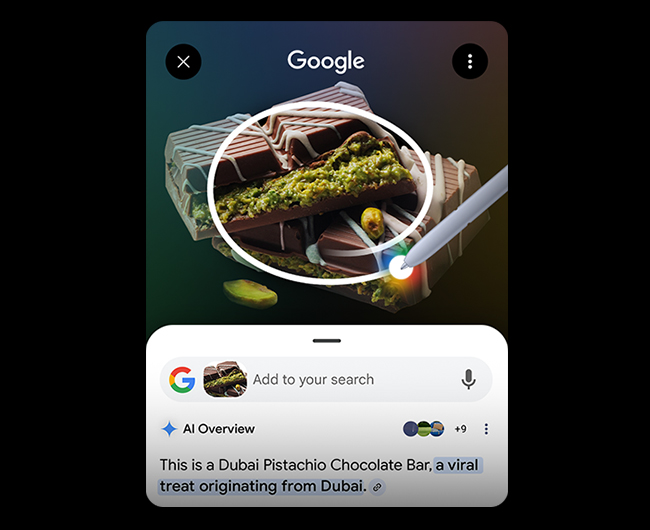 S Pen circles around some Dubai chocolate. Google search bar is seen underneath with AI Overview results