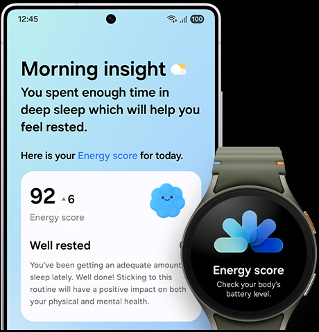 Galaxy S25 Ultra is seen from main screen. Now Brief is active. The Morning Insight shows today's Energy Score which has also been synced to Galaxy Watch.