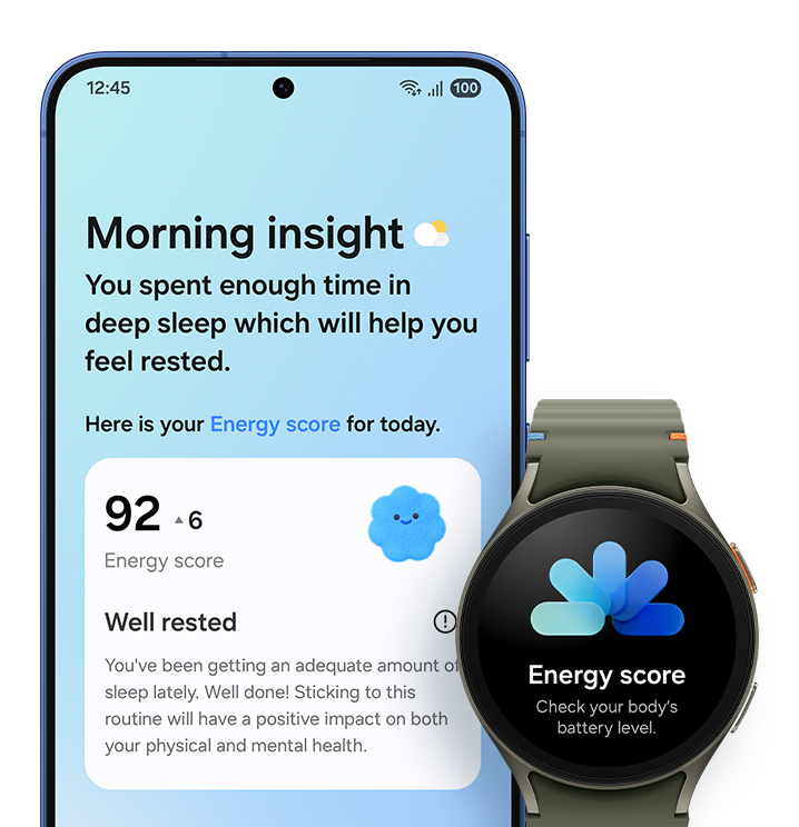 Galaxy S25 plus is seen from main screen. Now Brief is active. The Morning Insight shows today's Energy Score which has also been synced to Galaxy Watch.
