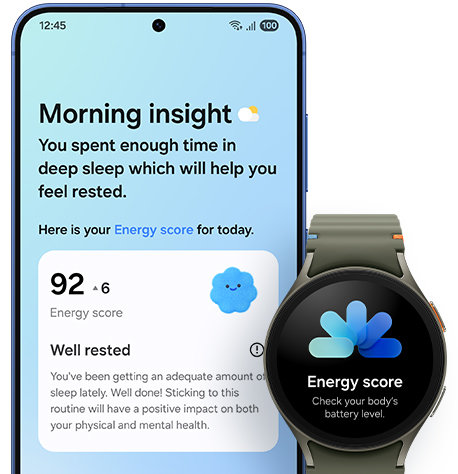 Galaxy S25 plus is seen from main screen. Now Brief is active. The Morning Insight shows today's Energy Score which has also been synced to Galaxy Watch.
