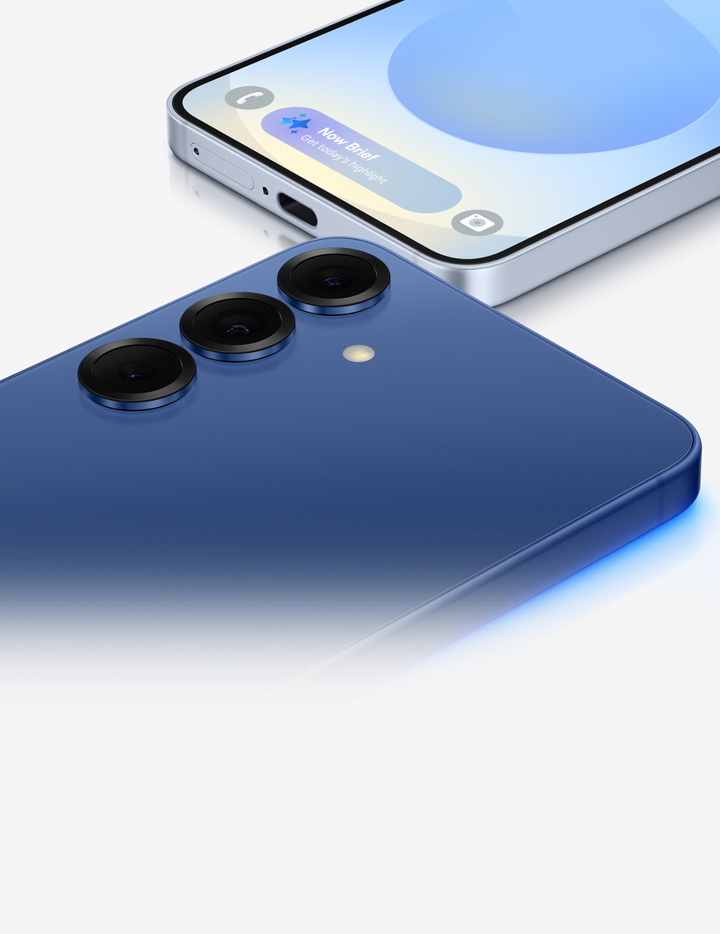 Galaxy S25 and S25 plus devices, one above the other, at a slight angle. Samsung. Galaxy AI.