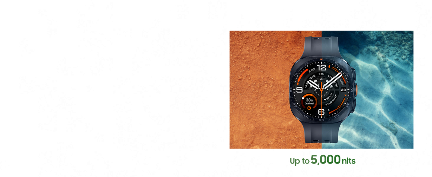 Galaxy Watch Ultra2 in Titanium Silver with an Olive Marine Band, shown facing upward outdoors in direct sunlight. A background divided between sandy terrain and sunlit water emphasizes the high visibility of the 5,000-nit display across different environments.