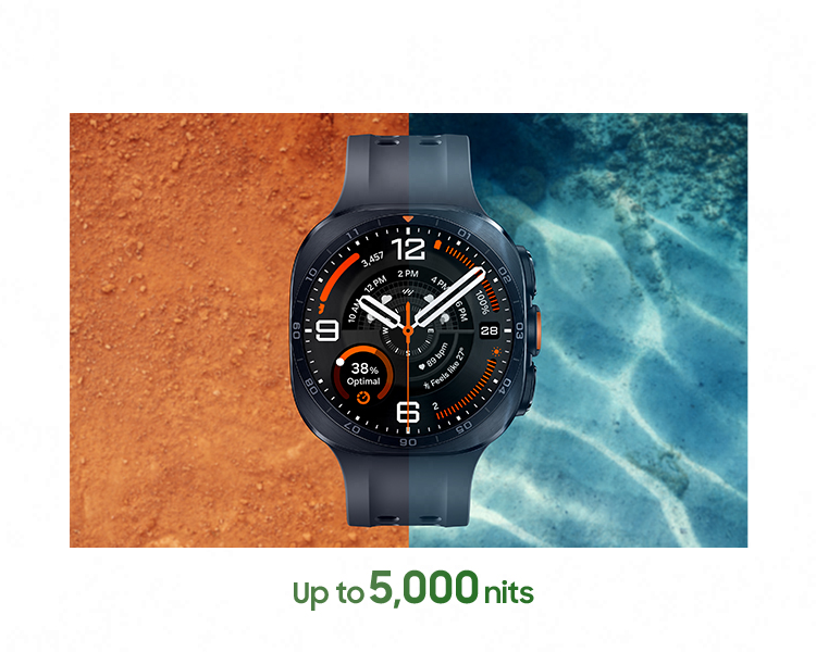 Galaxy Watch Ultra2 in Titanium Silver with an Olive Marine Band, shown facing upward outdoors in direct sunlight. A background divided between sandy terrain and sunlit water emphasizes the high visibility of the 5,000-nit display across different environments.