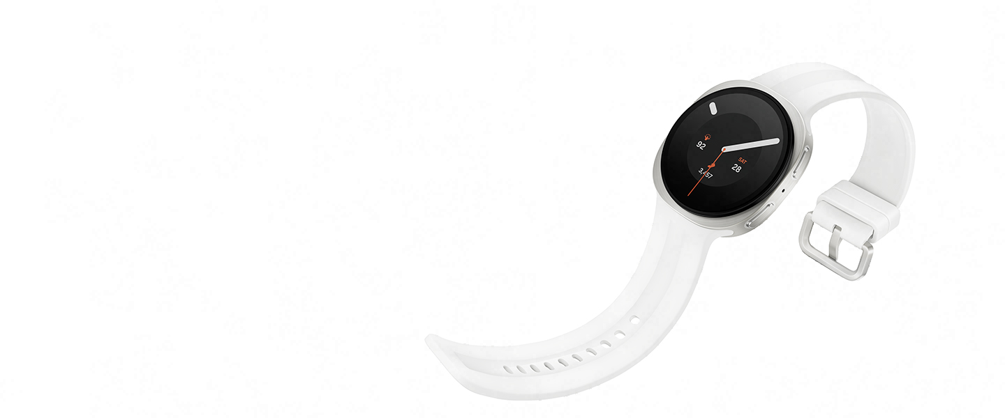 Galaxy Watch9 in Cream with a Sport Band in Cream shown angled slightly to the left with the band unfastened, showcasing the thin and soft design of the Sport Band for all-day comfort around your wrist.