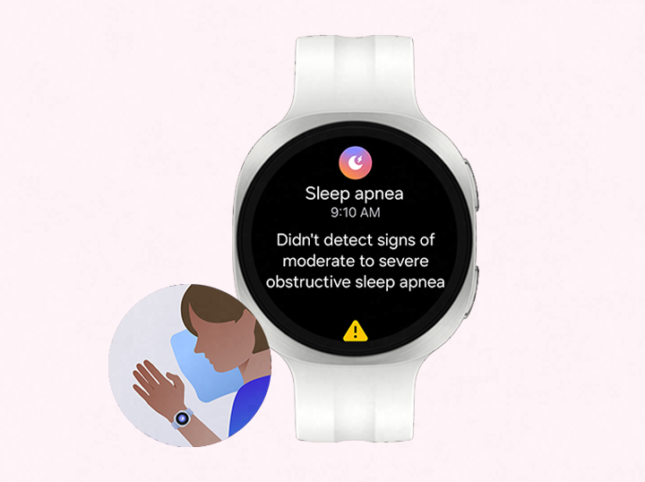 Galaxy Watch9 in Cream with a Sport Band in Cream shown facing forward with the sleep apnea risk detection feature interface shown on the display with a sleep apnea icon, the time and text Didn't detect signs of moderate to severe obstructive sleep apnea. Illustrative icon of a person wearing Galaxy Watch9 on their wrist while sleeping with the sleep apnea risk detection feature on.